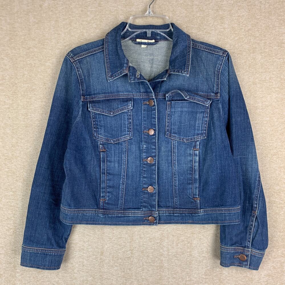 Eileen Fisher Denim Jacket Womens Petite L PL Blue Organic Cotton Trucker Crop